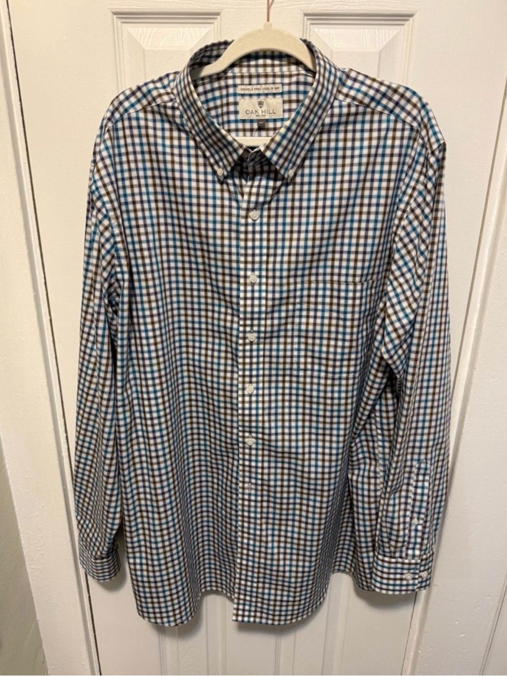 Men’s Oak Hill 1XLT Blue Brown Plaid Wrinkle Free Cool & Dry Shirt